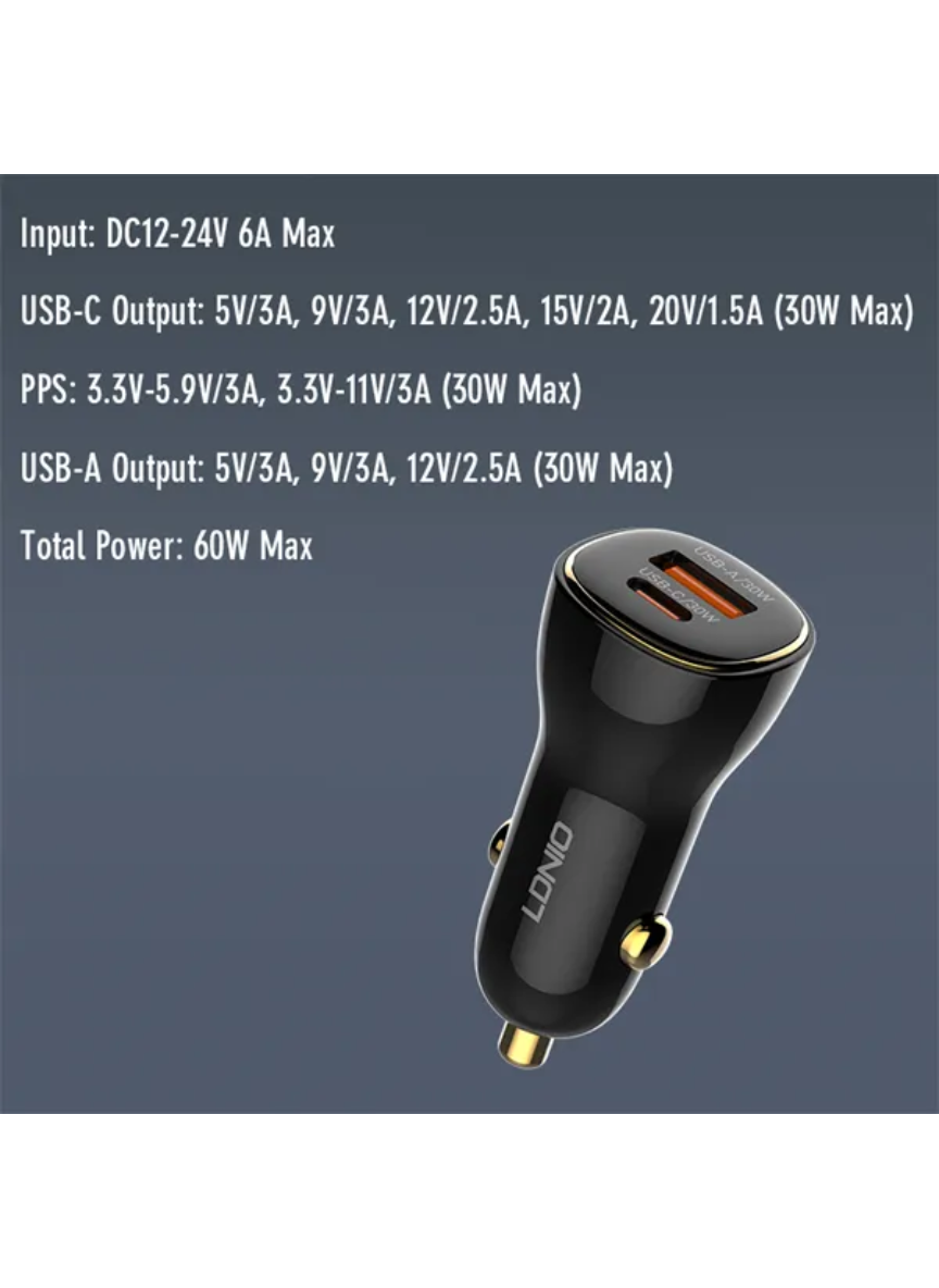 LDNIO C103 60W PD + QC Super Fast Car Charger – Dual Port USB Adapter