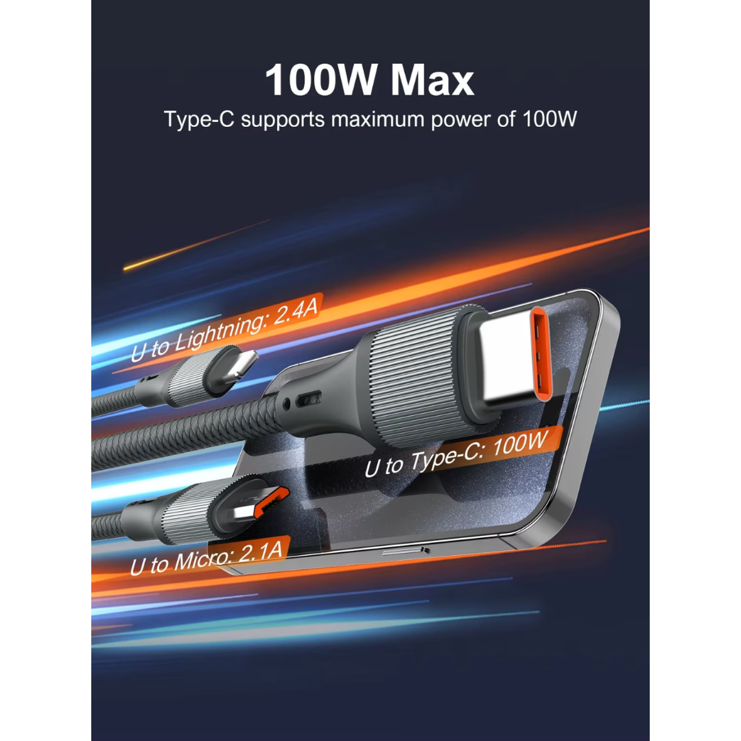 LDNIO LC97U 3-in-1 100W Fast Charging Cable – Multi-Device Power Cable