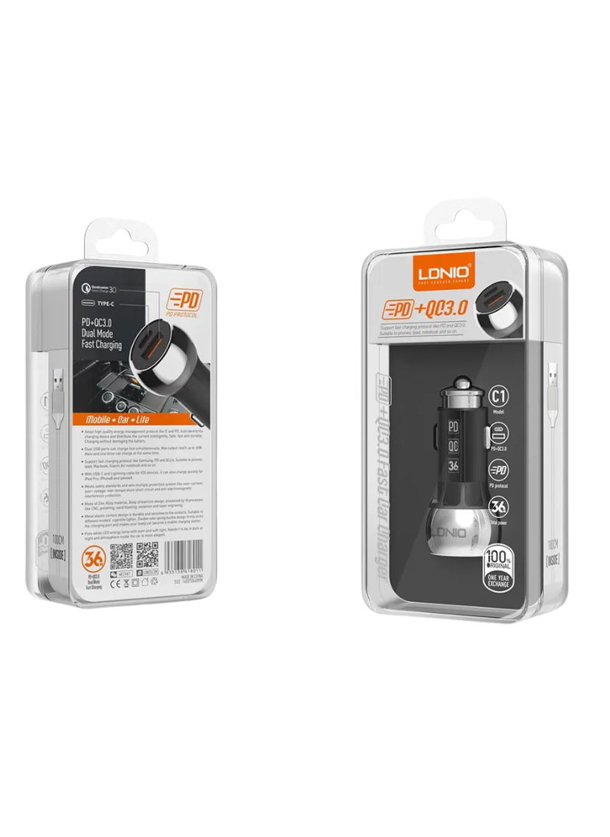 LDNIO C1 38W PD + QC3.0 Fast Car Charger – USB-C to USB-C Cable Included