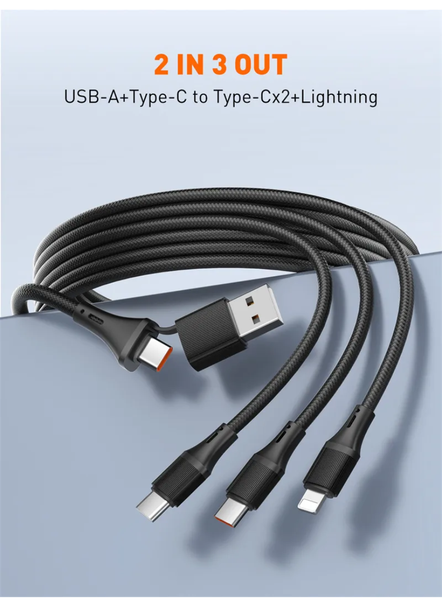LDNIO LC97UC 100W USB-A / USB-C to 2× USB-C & Lightning Cable – Fast Charging