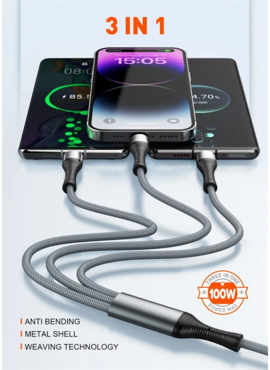 LDNIO LC94C 100W 3-in-1 Type-C to Lightning / Type-C / Micro USB Fast Charging Cable (1.2m)