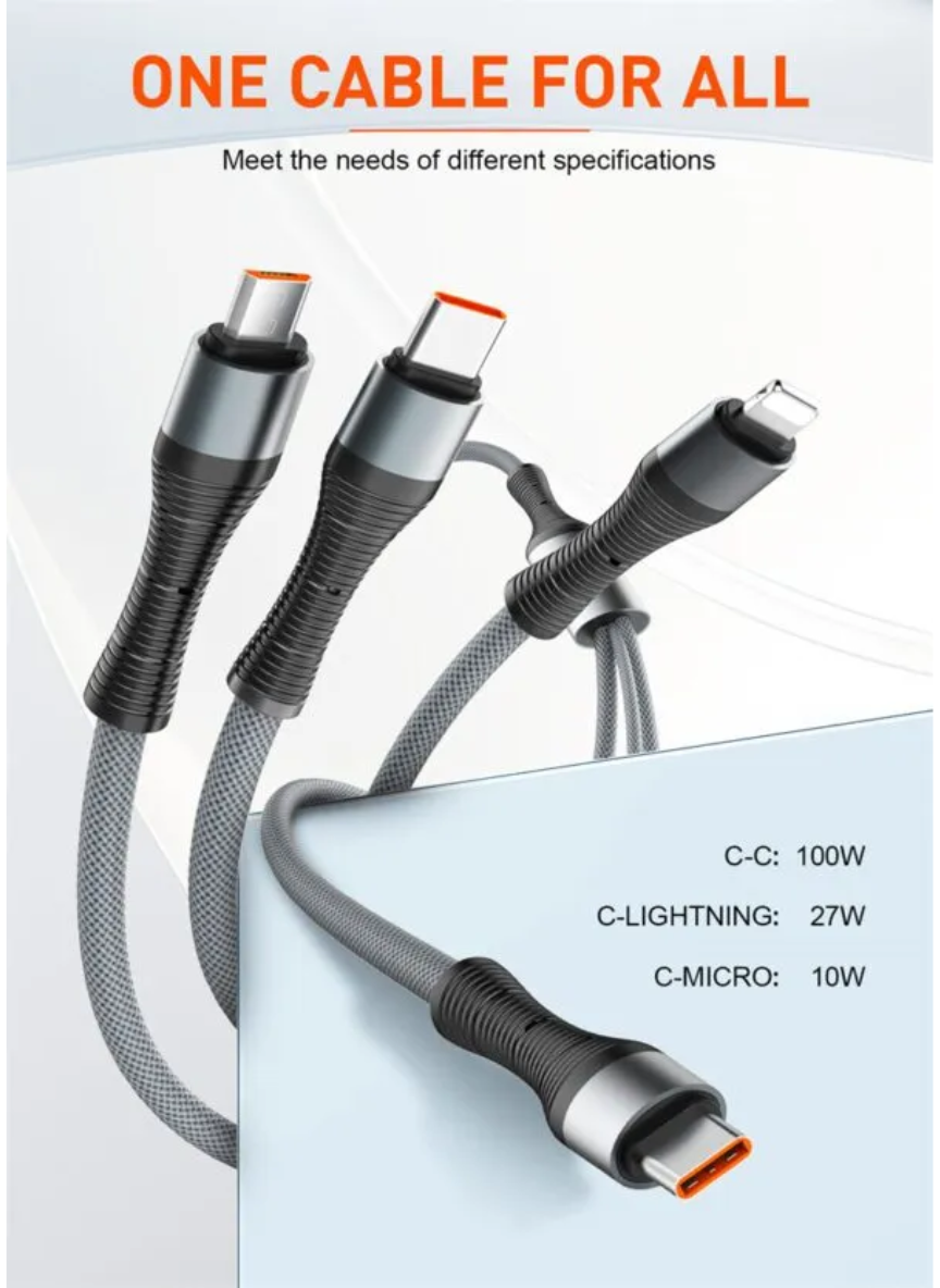 LDNIO LC94C 100W 3-in-1 Type-C to Lightning / Type-C / Micro USB Fast Charging Cable (1.2m)