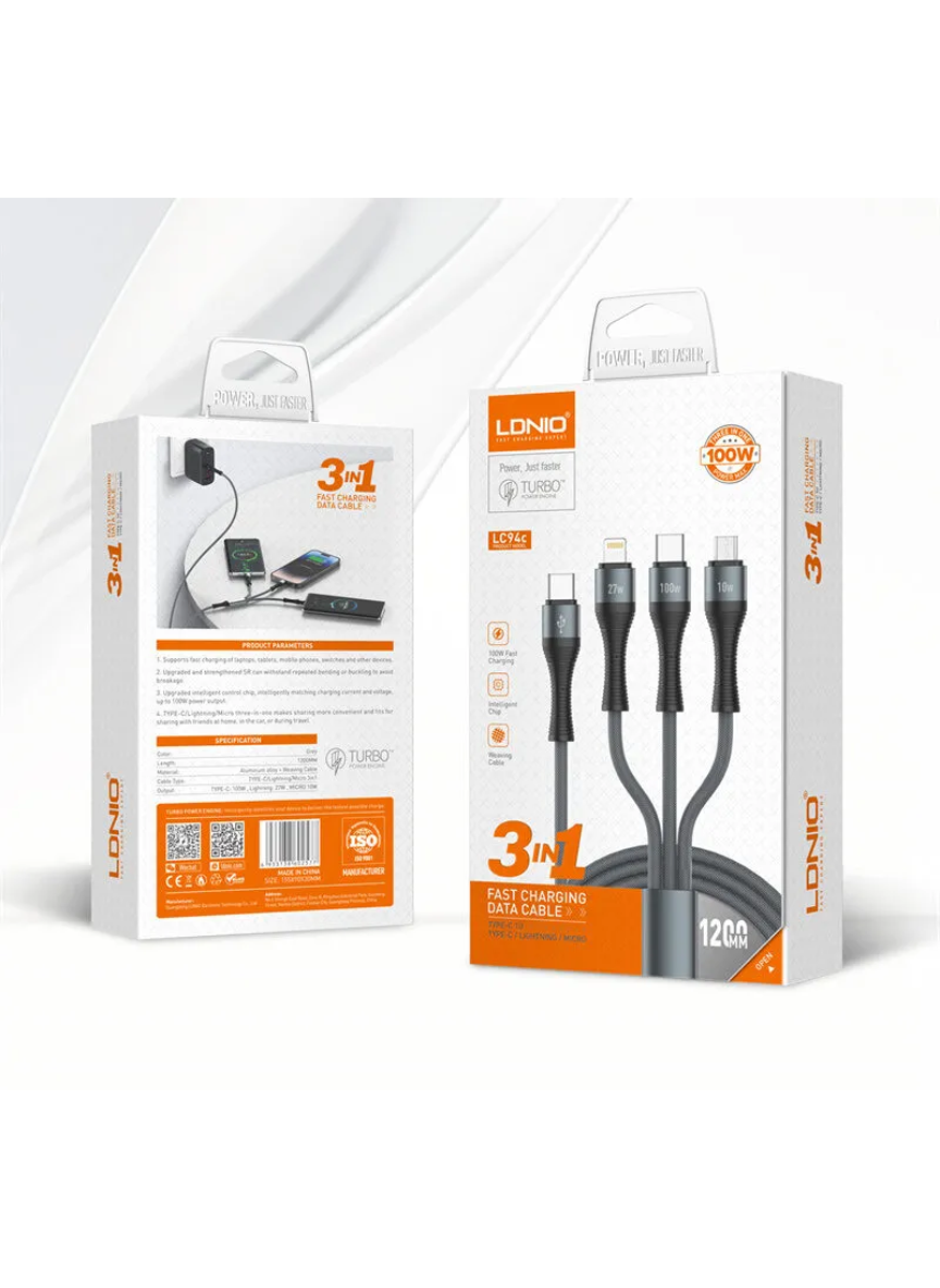 LDNIO LC94C 100W 3-in-1 Type-C to Lightning / Type-C / Micro USB Fast Charging Cable (1.2m)