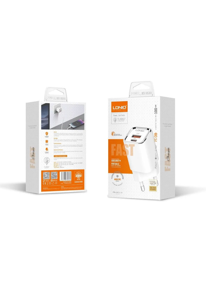 LDNIO A2317C 30W Fast Charging Charger US Plug – USB-C PD Adapter with Type-C Cable