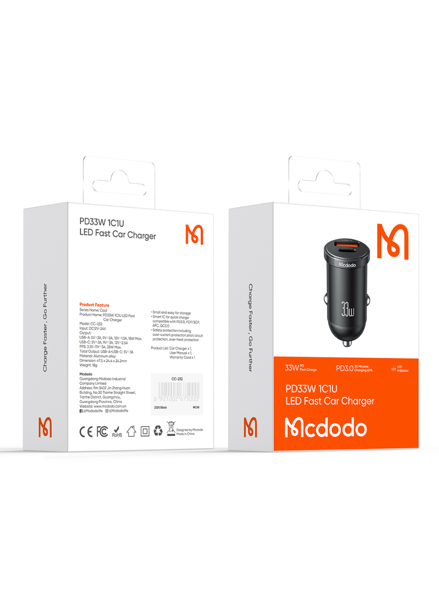 Mcdodo CC2320 33W PD Fast Car Charger – Dual Port USB-C + USB-A