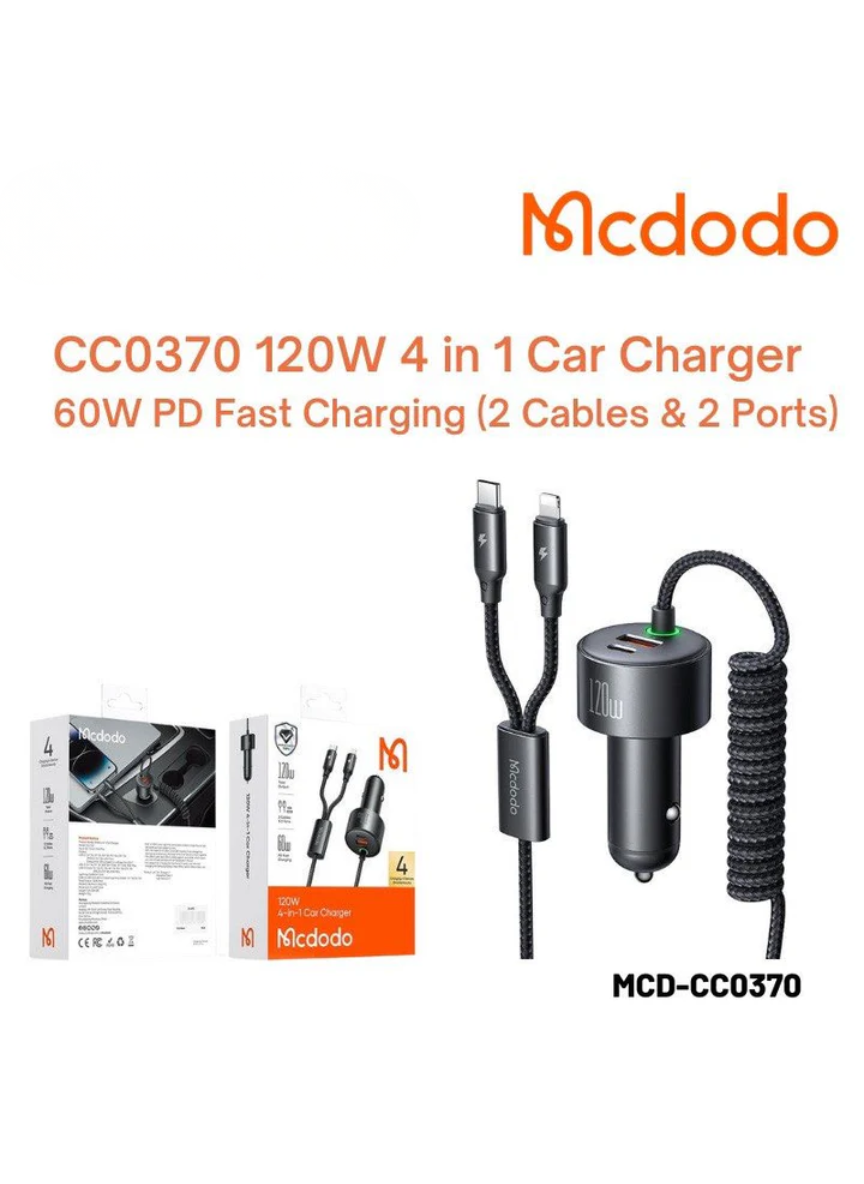 Mcdodo CC-0370 120W 4-in-1 Car Charger – USB-C with Retractable Cable & Fast Charge