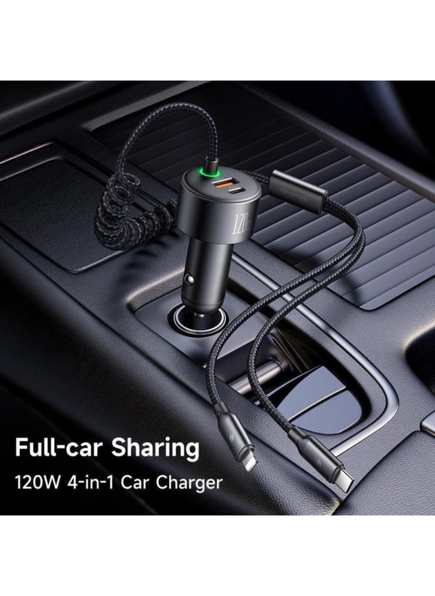 Mcdodo CC-0370 120W 4-in-1 Car Charger – USB-C with Retractable Cable & Fast Charge