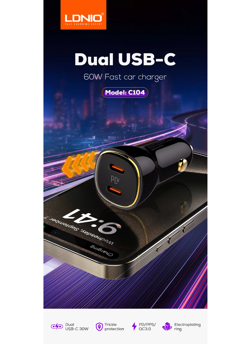 LDNIO C104 60W Dual USB-C Super Fast Car Charger – PD Power Adapter