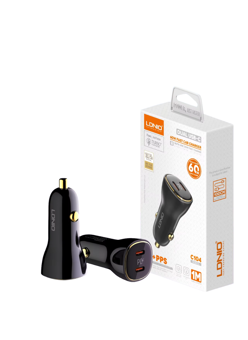 LDNIO C104 60W Dual USB-C Super Fast Car Charger – PD Power Adapter