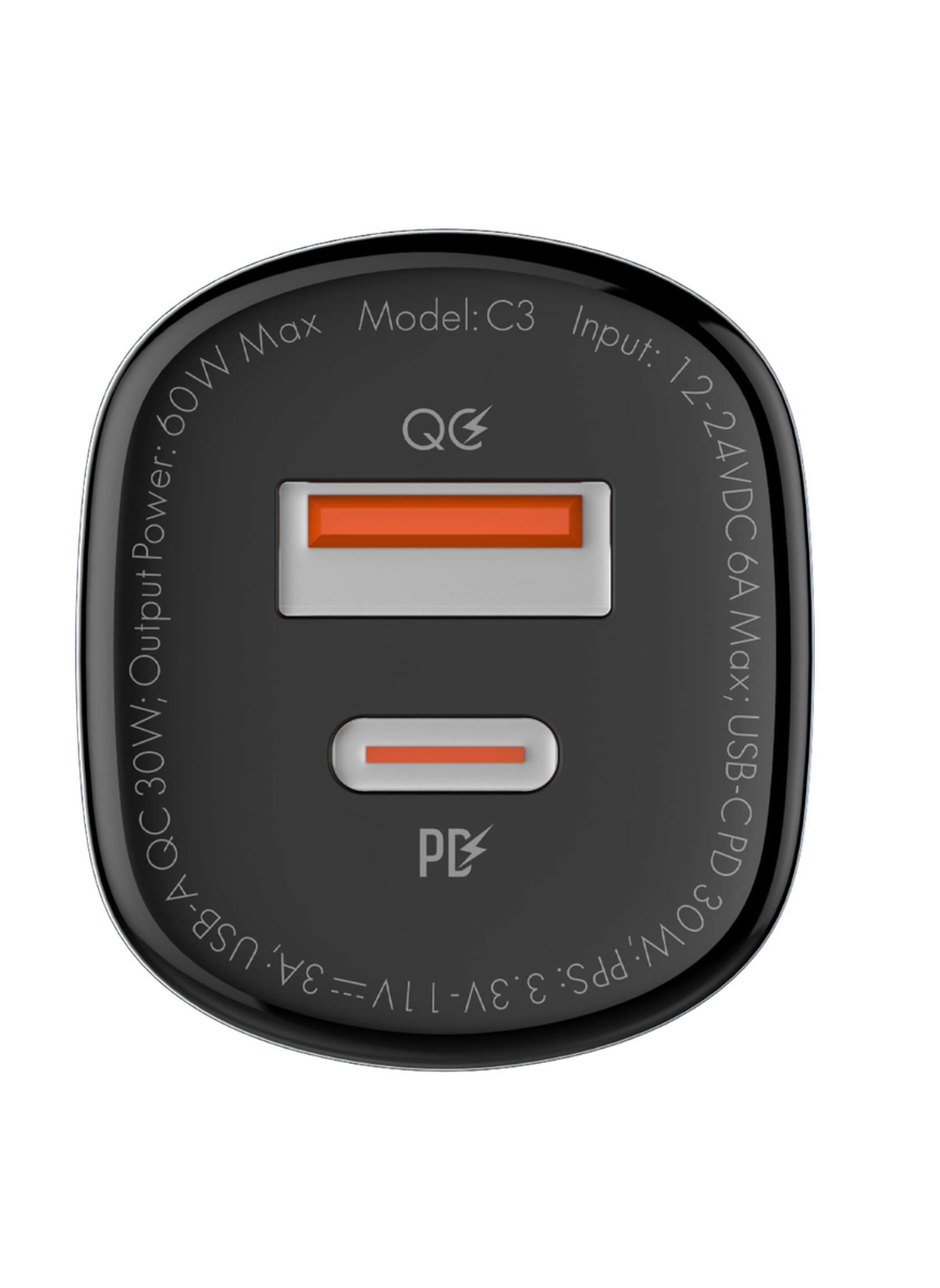 LDNIO C3 60W PD + QC Super Fast Car Charger – Dual Port USB-C & USB-A