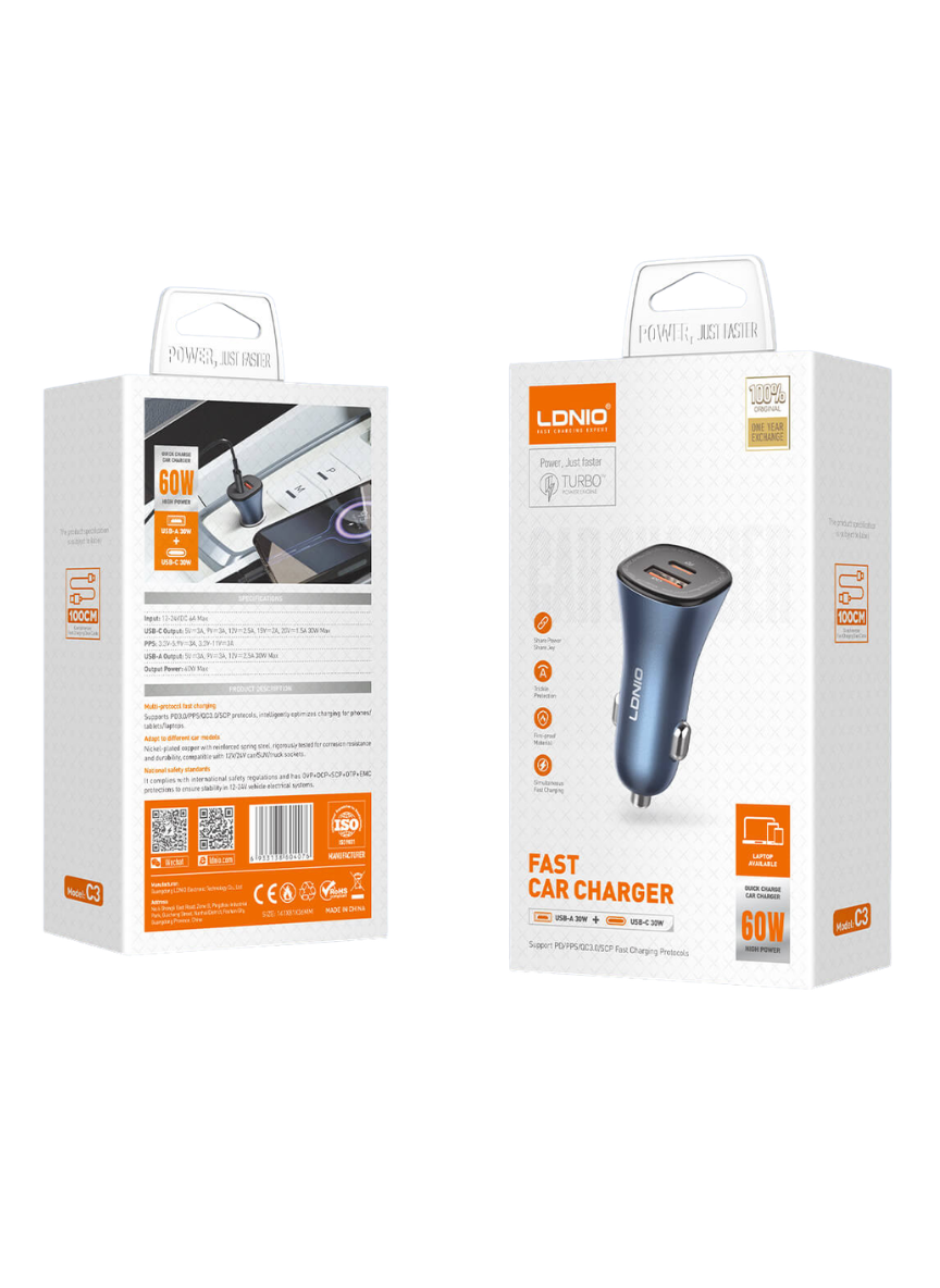 LDNIO C3 60W PD + QC Super Fast Car Charger – Dual Port USB-C & USB-A