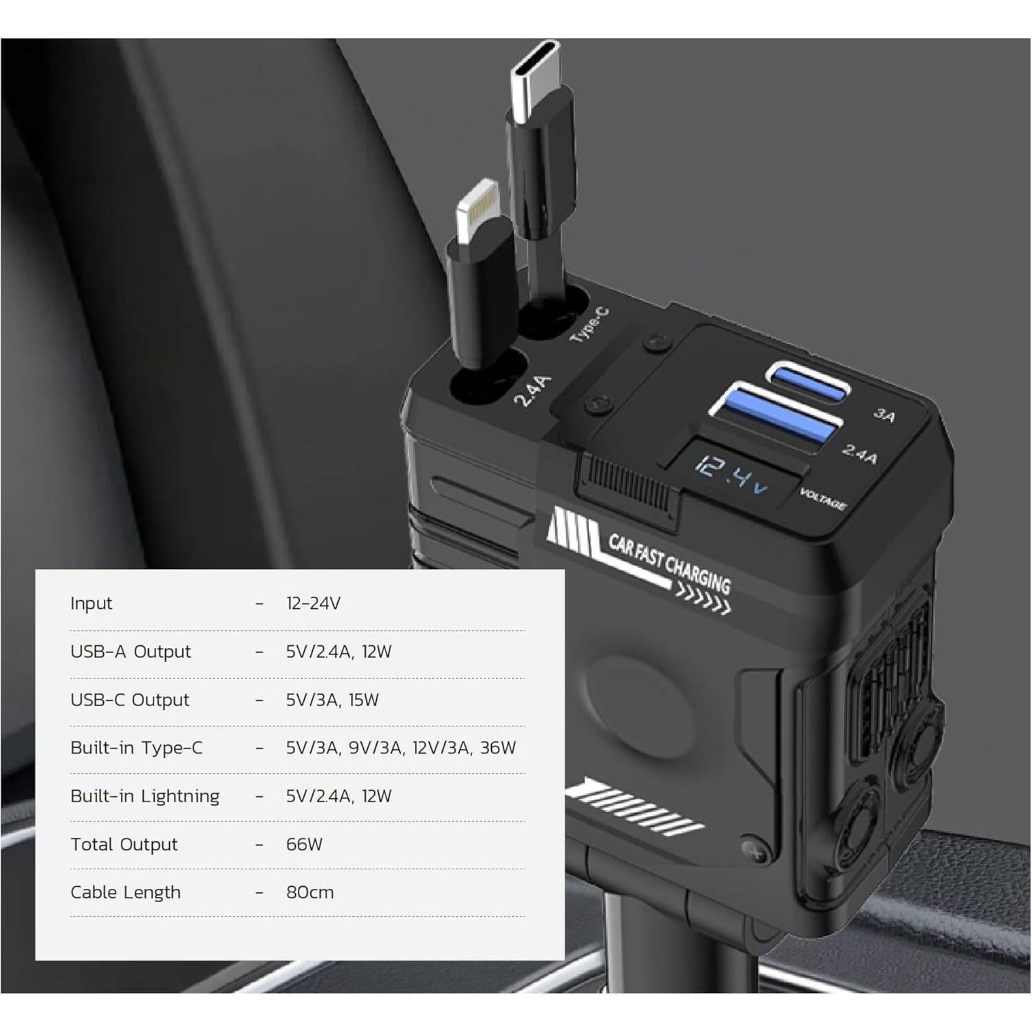 120W 4-in-1 Retractable Car Charger – Fast Charging Multi-Port Power Adapter