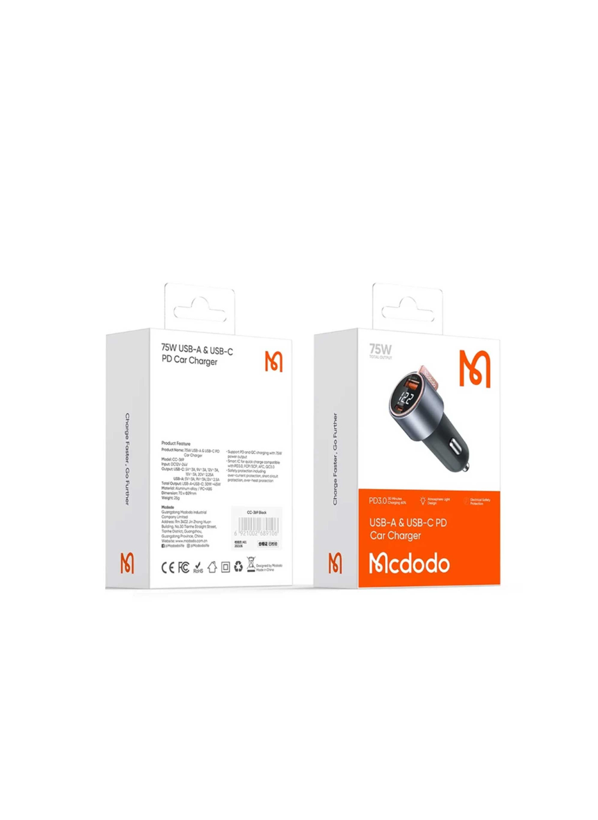 Mcdodo CC-3690 75W Dual Port Car Charger – USB-C + USB-A Fast Charging Adapter